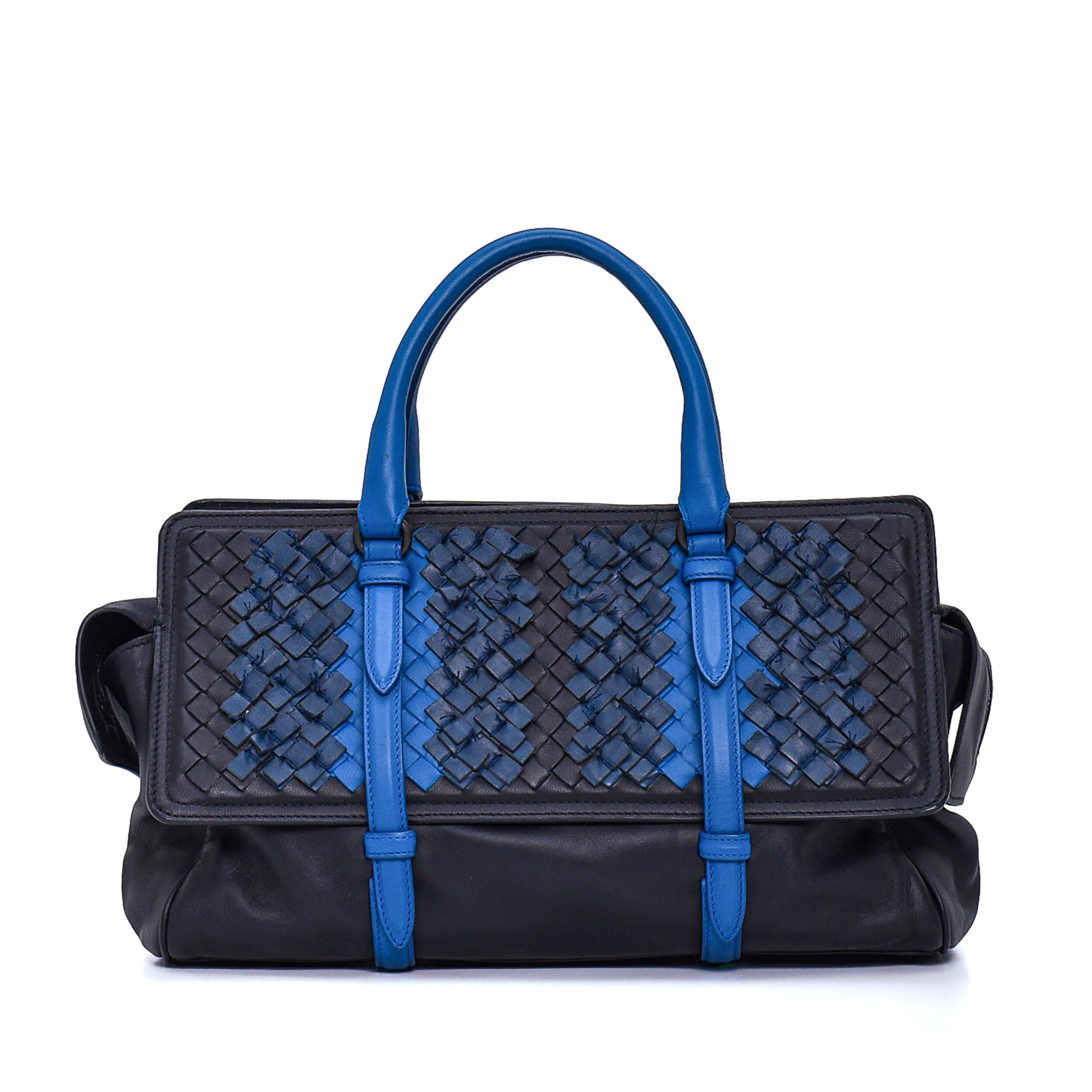 Bottega Veneta - Black & Blue Intercciato Woven Leather Top Handle Bag